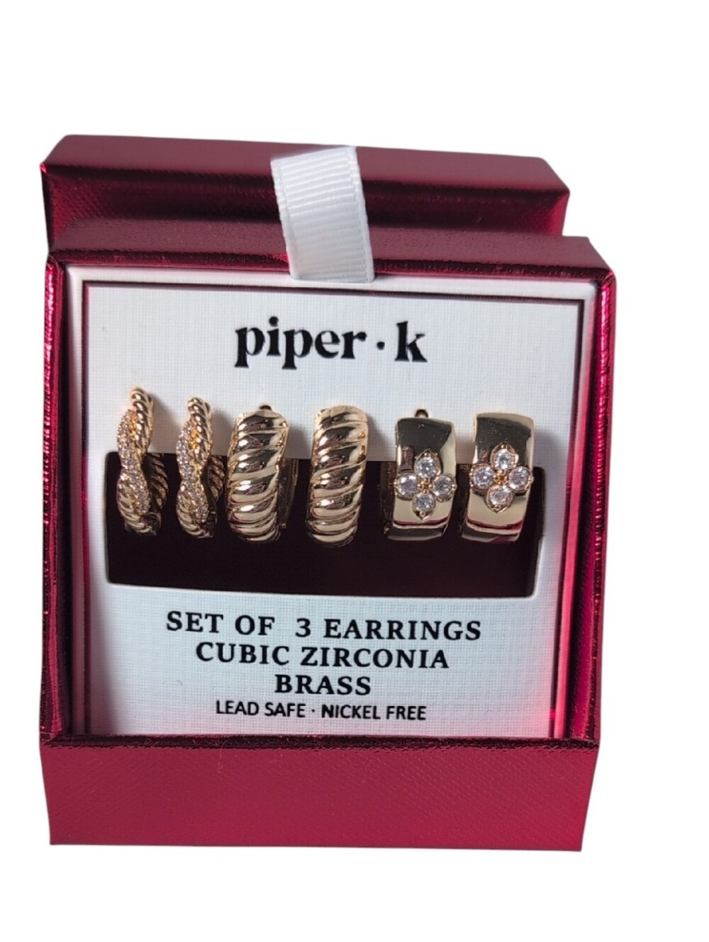 Piper K Set of 3 Cubic Zirconia & Brass Hoop Earrings